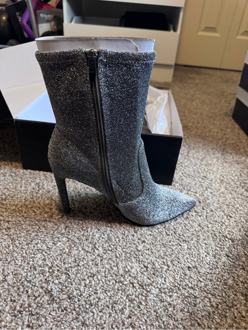 Nine West Silver Glitter Pointed-Toe Stiletto Boots